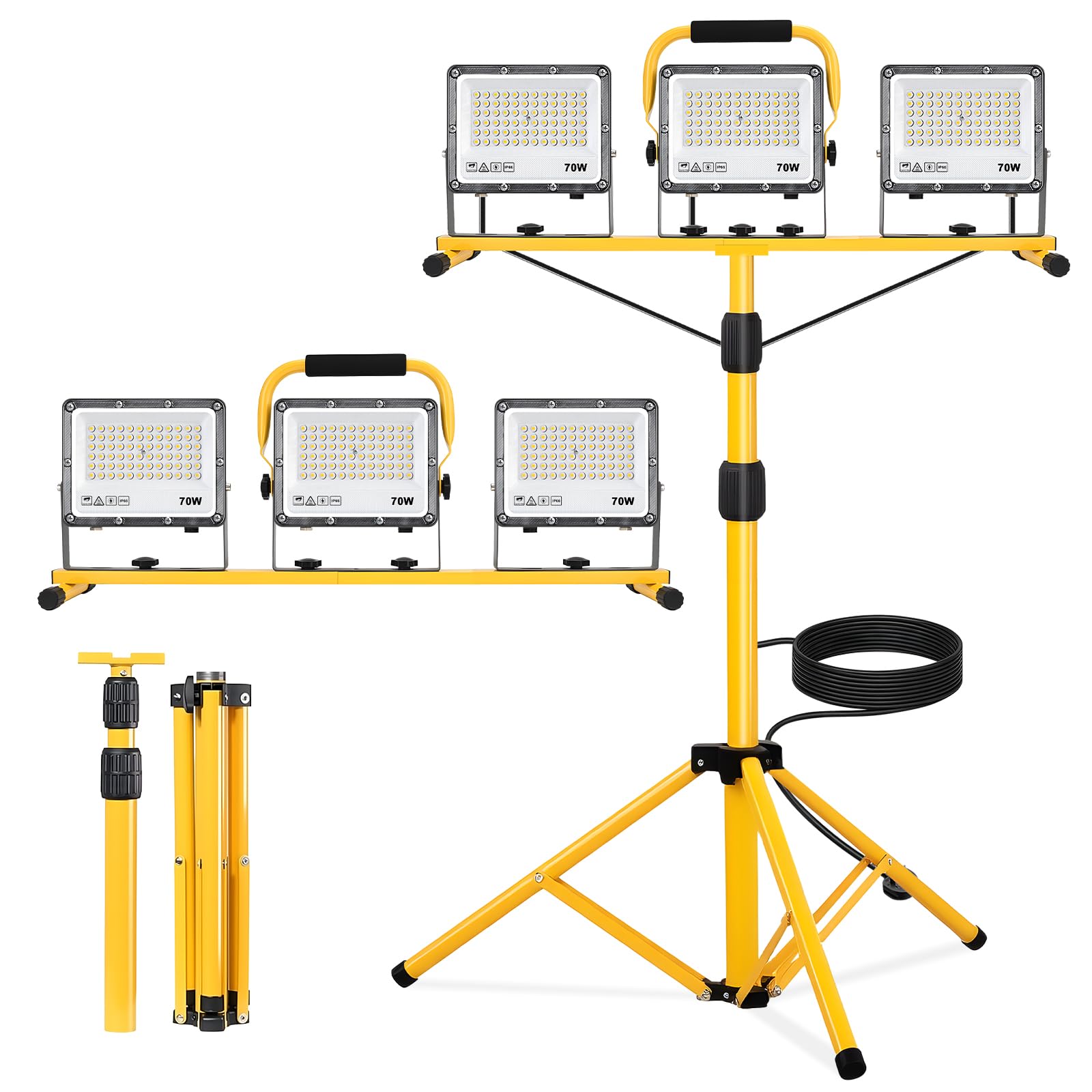 Yofuly LED Work Lights with Stand 3×70W 21000LM, 3 Adjustable Head Site Light IP66 Waterproof, Portable Floodlight with 5m Cable for Garage Workshop Construction, PC Lenses | Height Adjustable 160cm