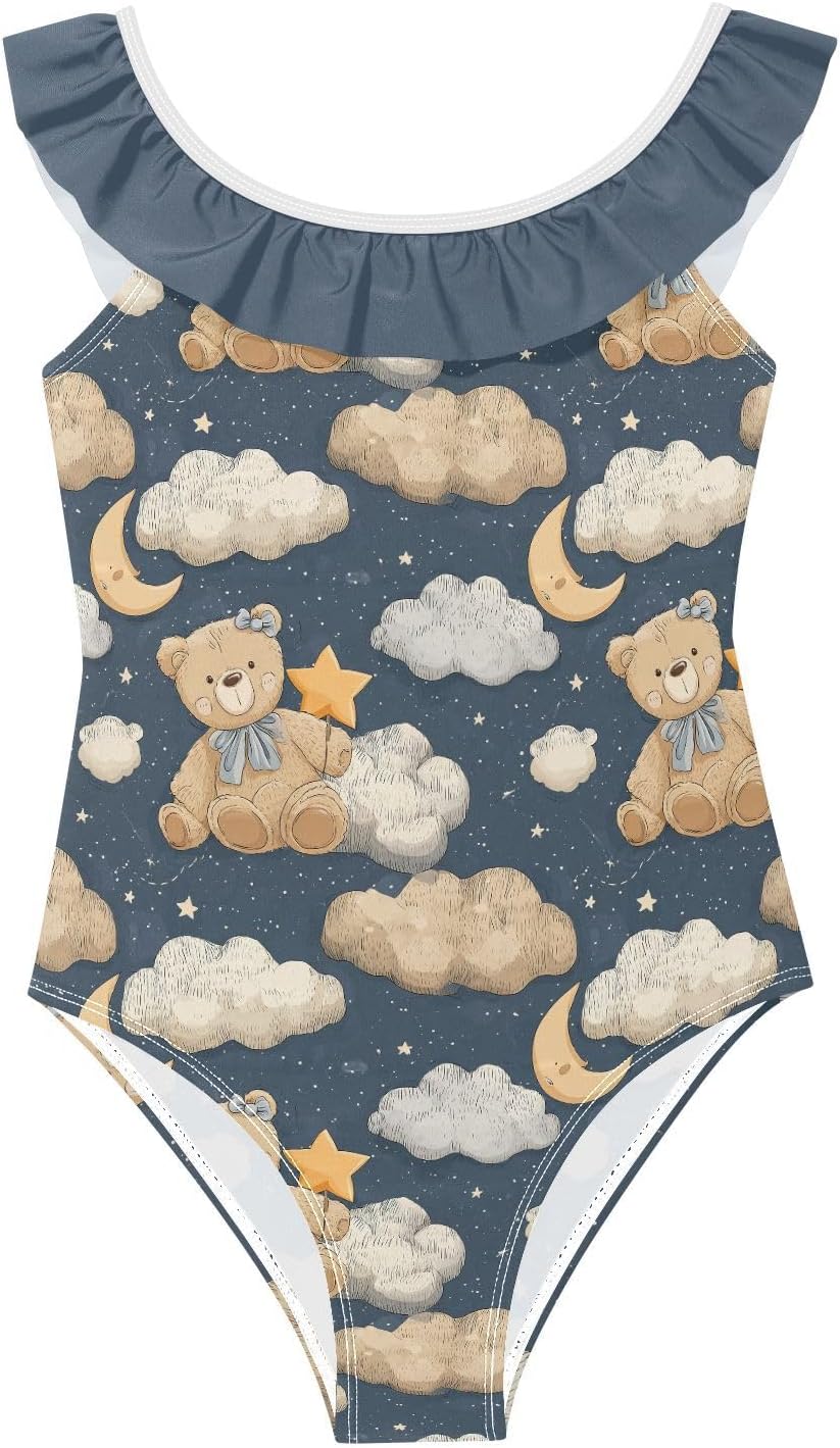 visesunny Girls One Piece Swimsuits Ruffle Swimwear Fluffy Star Bear Bathing Suits for Girls 3-6Y