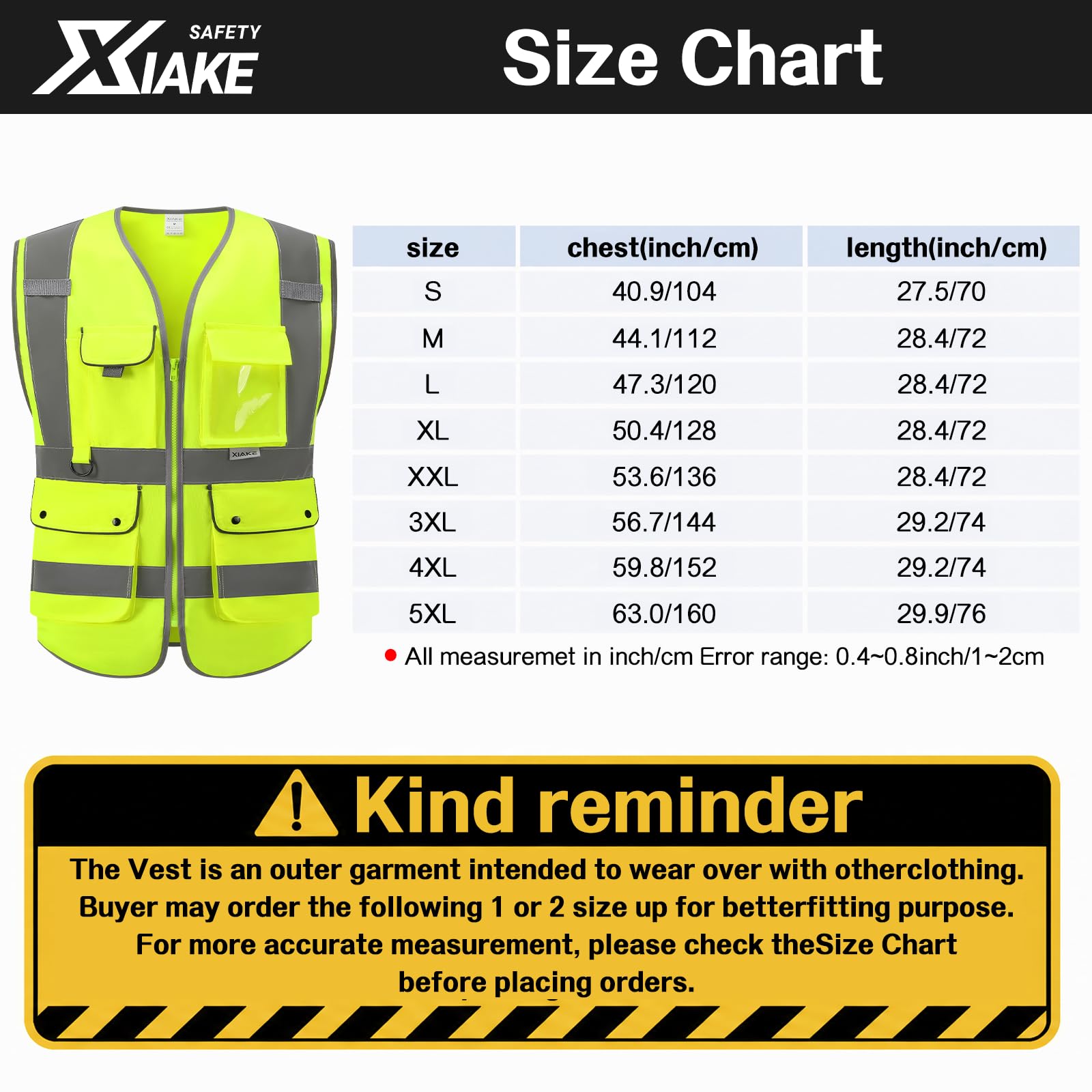 XIAKE Gilet antinfortunistici RV120528 Gilet riflettente di sicurezza ad alta visibilità con 8 tasche
