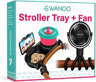 Swanoo 3-in-1 Stroller Snack Tray, Phone Holder and Cup Holder with Rechargeable Clip-On Stroller Fan, Universal Fit for Uppababy, Nuna, Mockingbird, Bugaboo, Baby Travel Accessories Kit