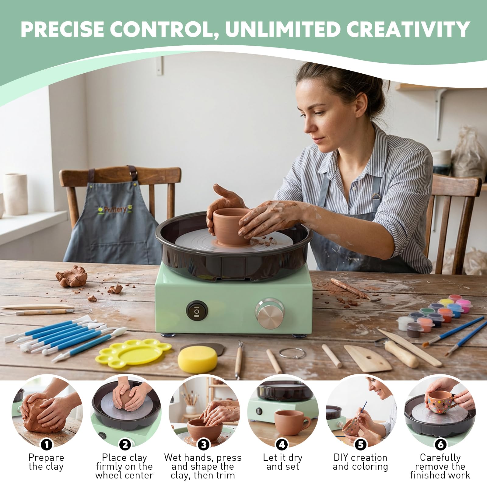 Töpferscheibe Elektrisch 16cm Mini Elektrische Töpferscheibe Professioneller Töpferscheibe Elektrisch Set für Anfänger & Profis – Komplettes Töpferset für Zuhause Keramik-Set mit 25-teiligen Töpferei