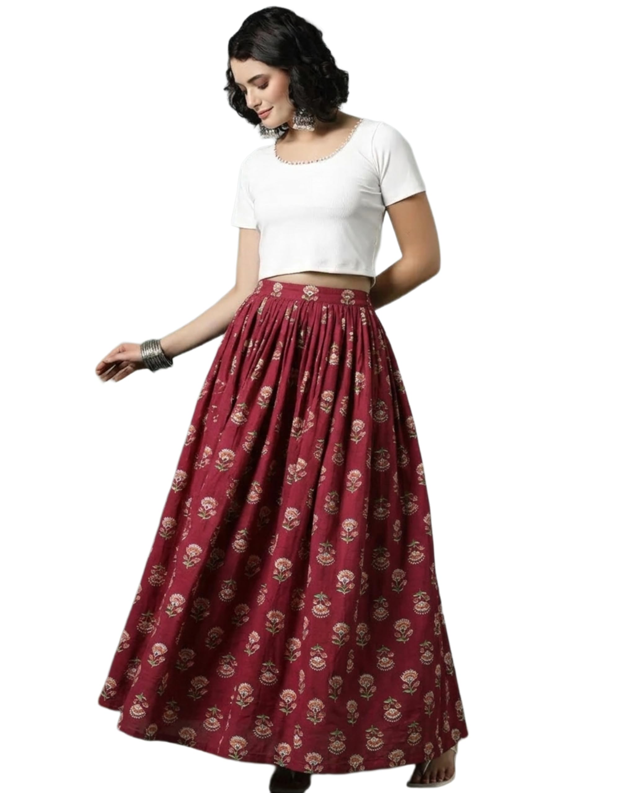 ream Women's Floral Print Maxi Skirt, Maroon Red, 100% Pure Cotton, Elastic Waist, Full Length, Breathable Fabric-picture-19