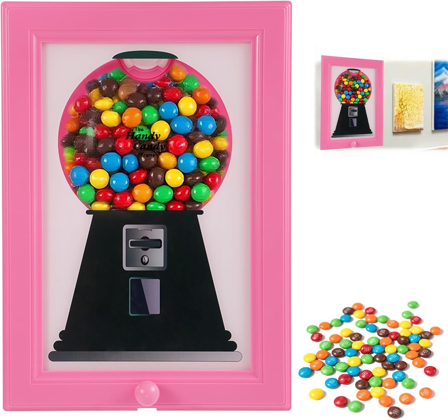 Candy Dispenser Picture Frame, Wall Mount Gumball Machine Creative Handy Candy Dispenser for Desk Countertop Adults & Children Room Sweet Display (Pink)