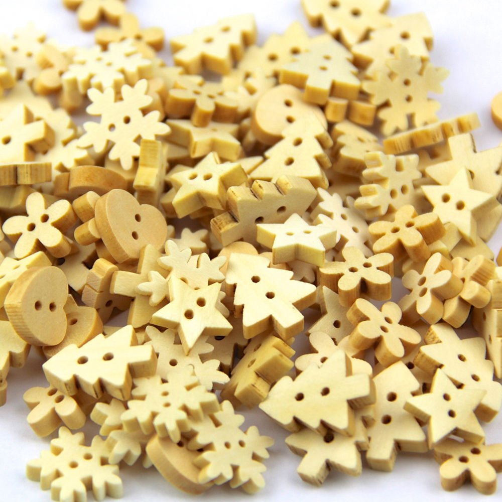 Raylinedo Random Pack Of 100Pcs Log Color And Shapes 2 Holes Wood Buttons(12-15Mm) Package For Sewing Scrapbooking.