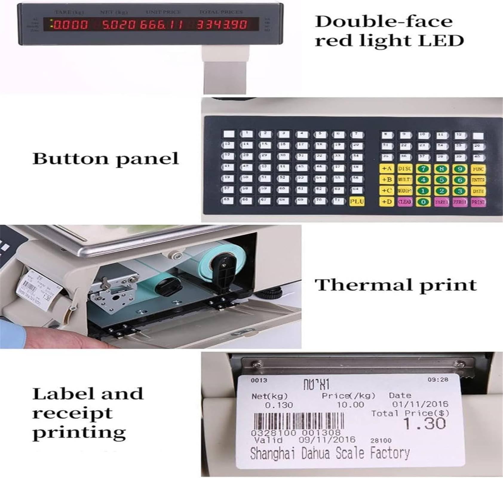 Etikettendruckerwaage,Handelspreisrechenwaage,Elektronik-Skala Kassa,Digitale Preis-Etikettendruckwaage,mit doppelseitigem LED-Display + 71 Shor
