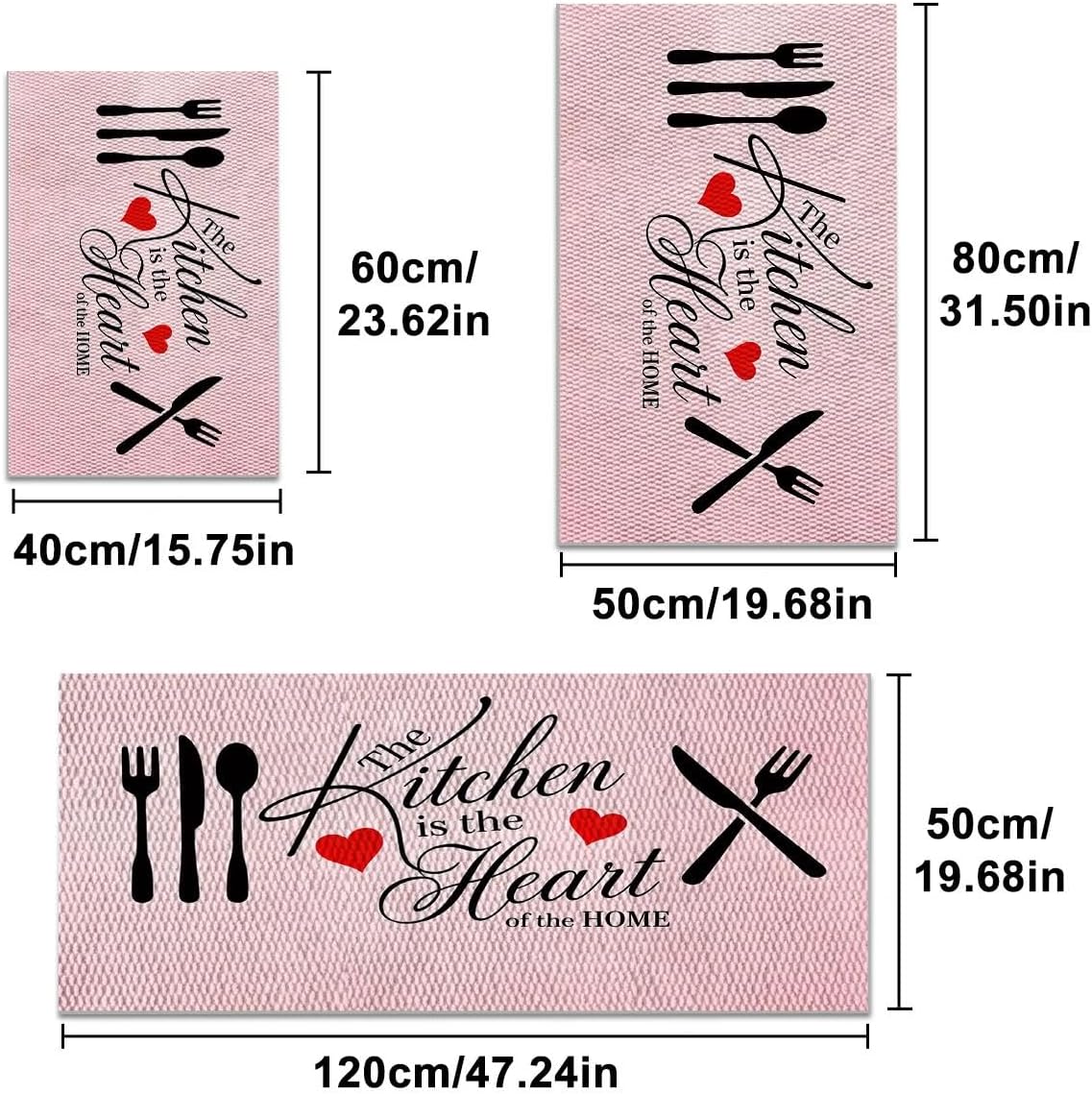 Pink Kitchen Rugs Set of 3, Non Slip Washable Kitchen Mats Durable Easy Clean Floor Mat Set, Knife Fork Heart Farmhouse Kitchen Runner Rugs 16"x24"+20"×32 +20"×47"