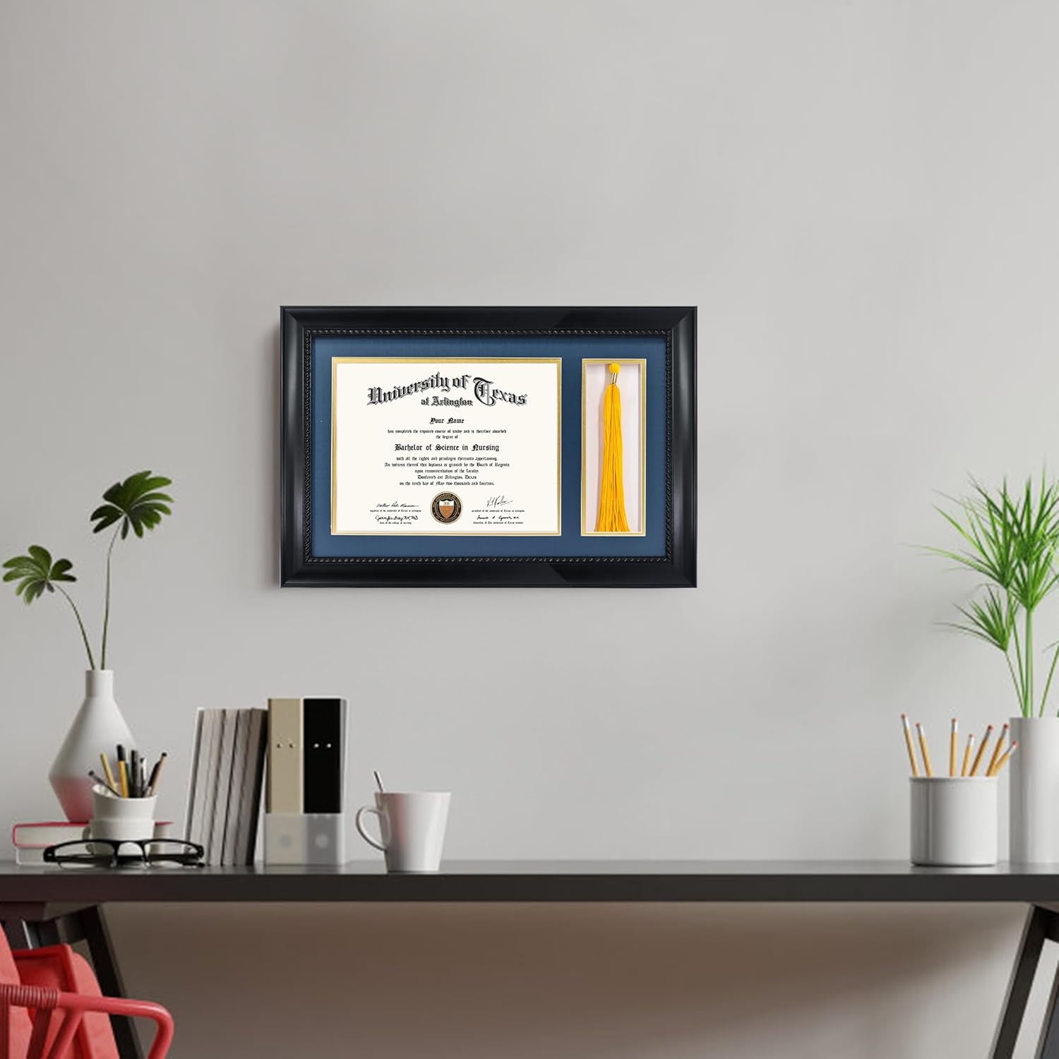 GMFrames Solid Wood Diploma Frame with Tassel Holder for 8.5x11 Certificate with Navy over Gold Mat,Black Finish with Intricate Black Rope Detail,UV Protection Acrylic Black / Navy Gold Mat 11x17 for 8.5x11 with Tassel