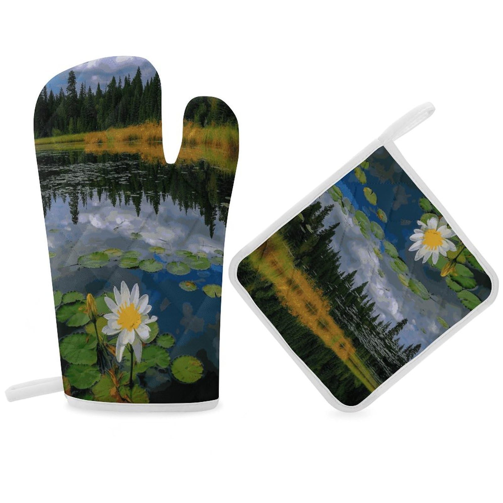 Fodpand Women's Style Flower Lake Pond Reflection Oven Mitts And Pot Holders Sets,Oven Gloves For Kitchen Oven Mitts And Potholders For Baking Cooking Grilling Apartment Essentials