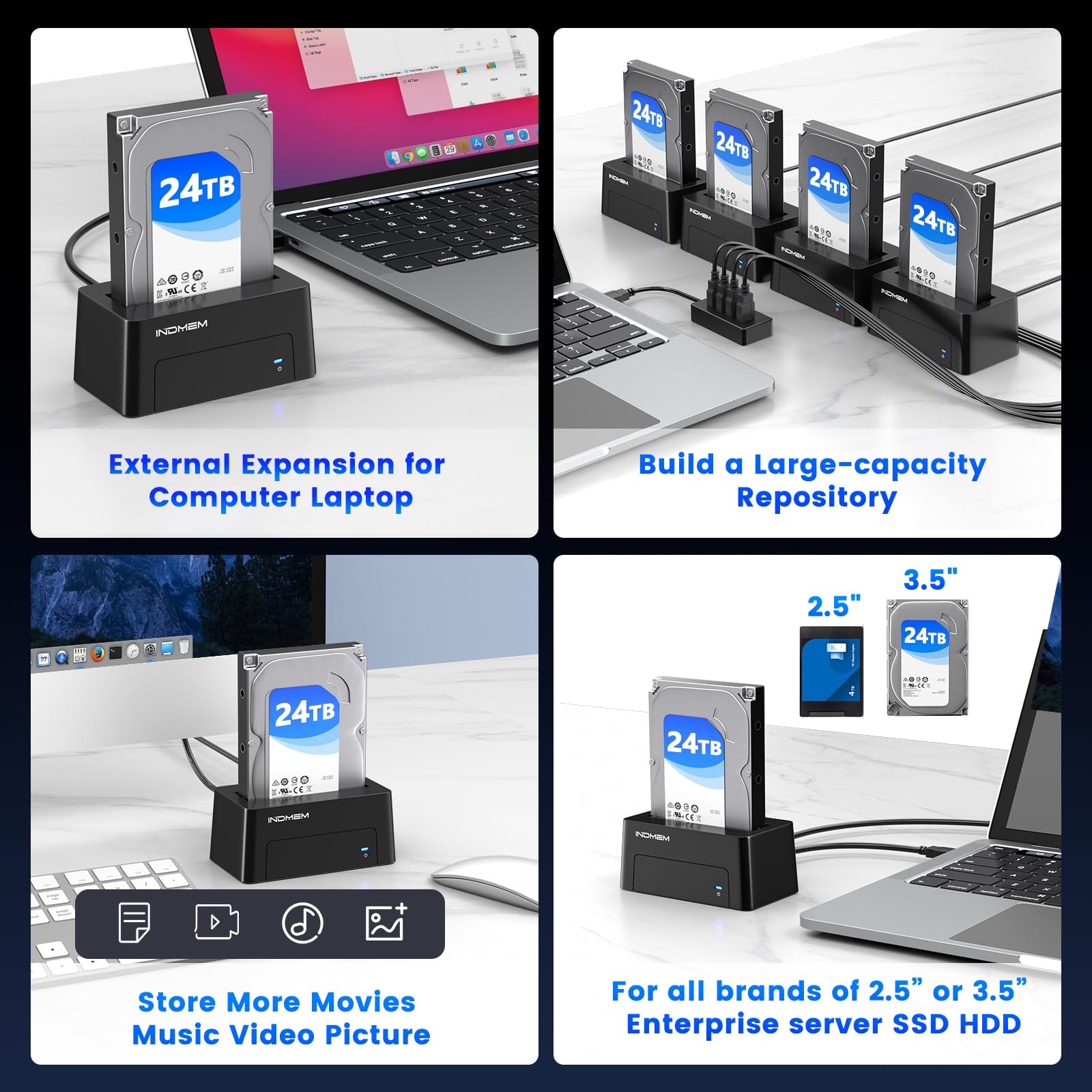 INDMEM Adaptador SAS a USB 3.0, SAS/SATA, lector de carcasa de disco duro convertidor, estación de acoplamiento para servidor HDD SSD de 2.5/3.5 pulgadas con adaptador de corriente de 12 V/2 A