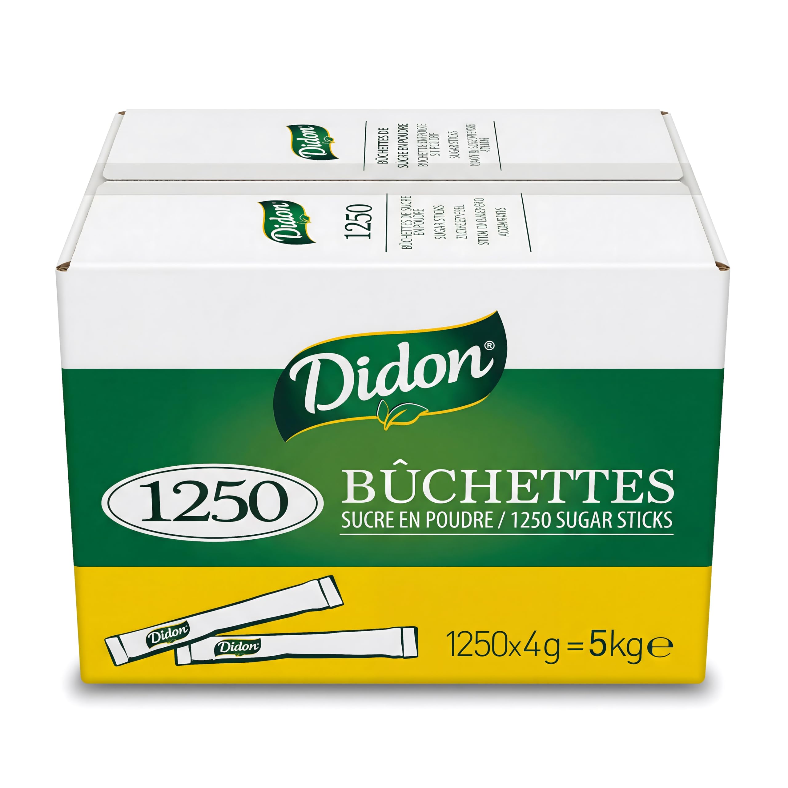 DIDON Sucre 5 KG – Lot de 1250 sachets Bûchettes de Sucre Individuels de 4g avec un lot d'agitateurs en bois - Pour les Boissons Chaudes, Cafés et Thés