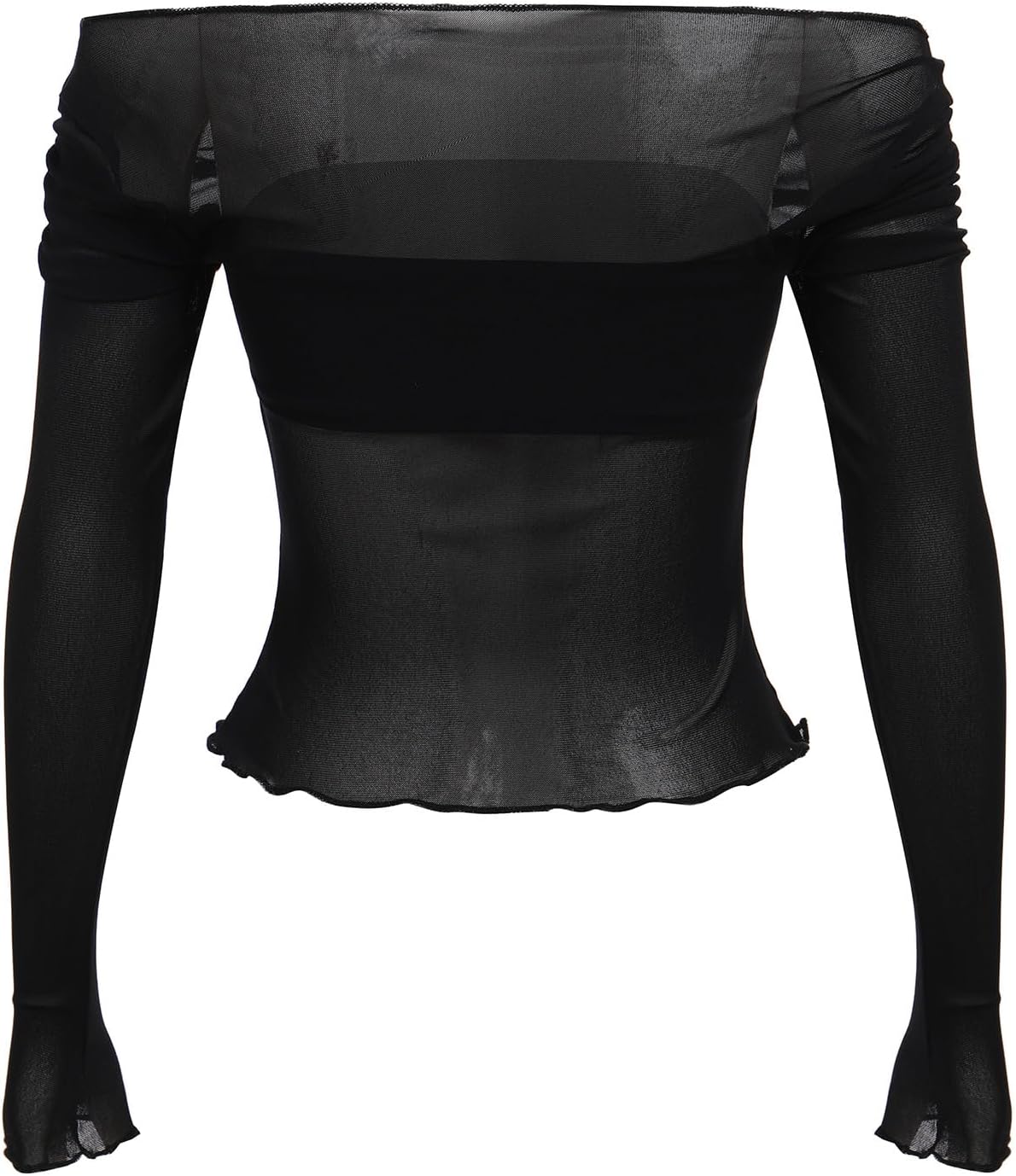 ABAFIP Women's Sheer Crop Top Ruched Ruffle Off Shoulder Mesh Cropped Long Sleeve Blouse Rave Tops - Image 5