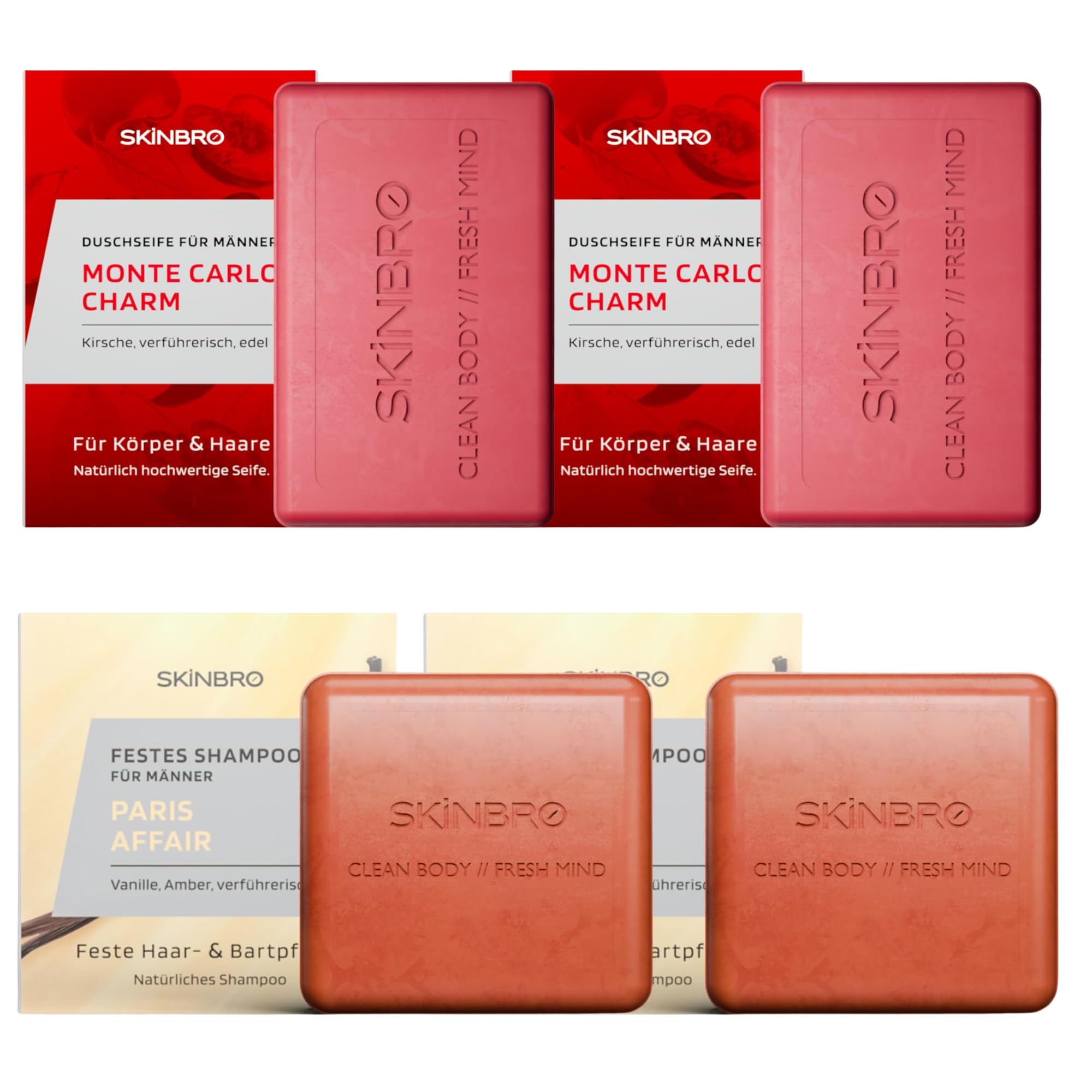 SKINBRO Set: 2x Festes Duschgel Monte Carlo Charm & 2x Festes Shampoo Vanille – Vegane 4-in-1 Pflege für Haar, Bart & Körper – Nachhaltig & Ergiebig