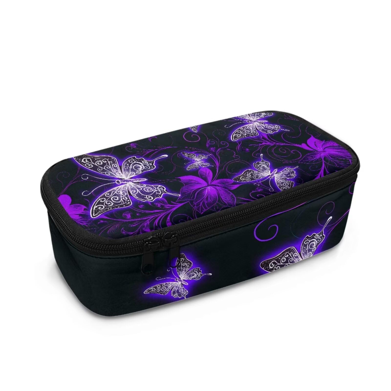 TOADDMOS Purple Floral Butterfly Pencil Case Storage Pencil Pen Case Bag for Girls Lady Lightweight Desk Organizer Marker Pouch with Handle