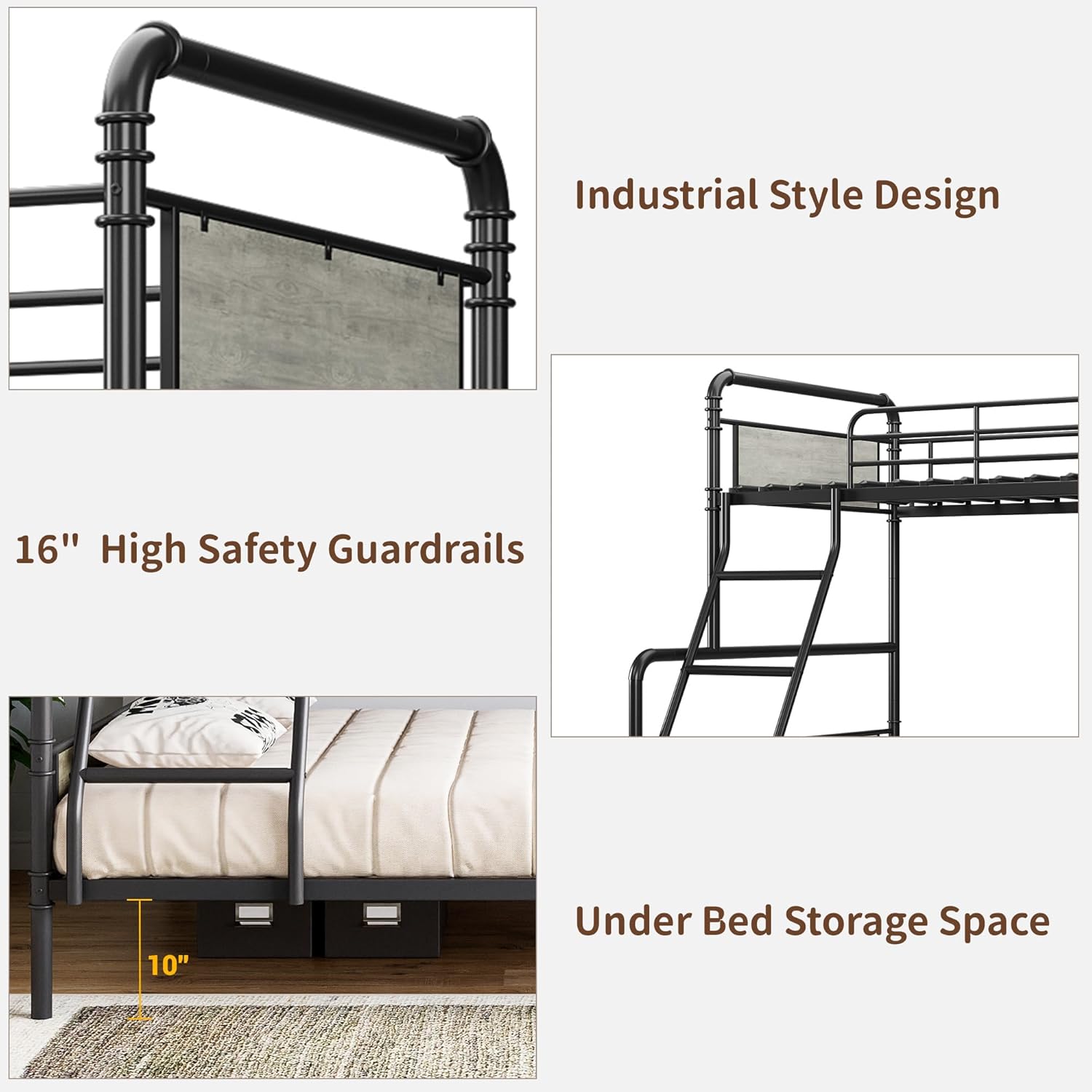 GarveeHome Metal Bunk Bed Twin Over Full Size with Angled Ladder, High Guardrail, Heavy Duty Bunk Bed Frame with Metal Slats, Smooth Rounded Edges, for Kids, Teens, Adults, Black+Grey