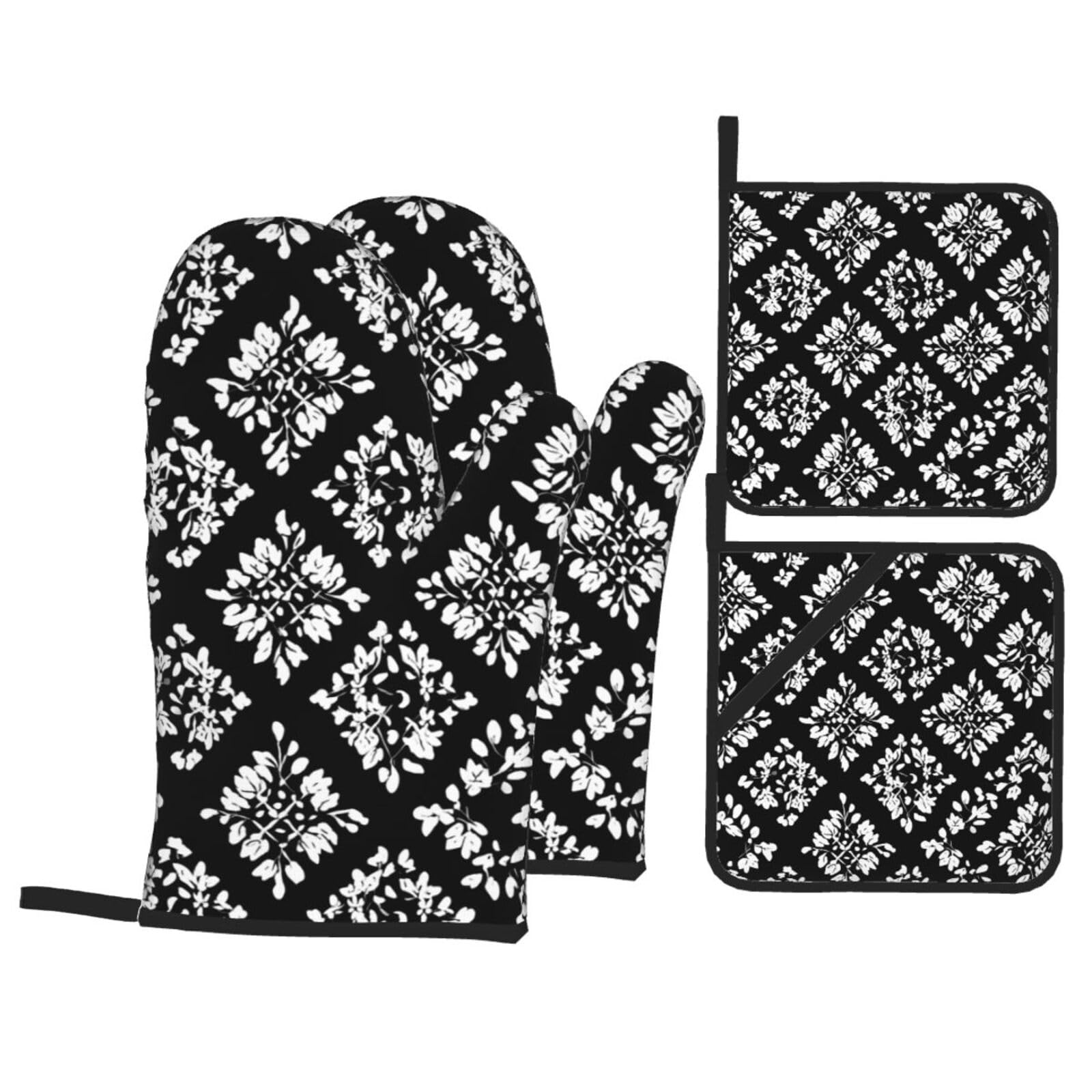 HJFCZH Black and White Picture Kitchen Baking Set of 4 Thick Insulated Oven Mitt & Pot Holders, Anti-Scalding for Microwave, Oven, Outdoor BBQ