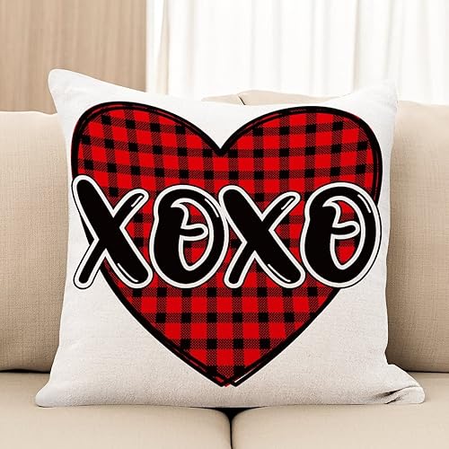 Miniatura 3 de Fundas de cojín para regalo del día de San Valentín para novia, diseño de búfalo rojo a cuadros con corazón XOXO, fundas de almohada para el día de