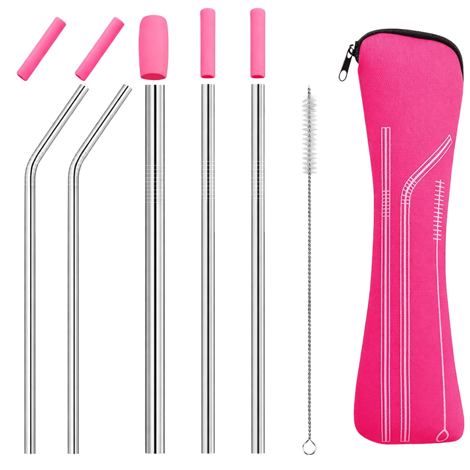 KinetiCore 5 Pack Reusable Metal Drinking Straws Set, Pink Food Grade Stainless Steel Straws with Silicone Tips, Cleaning Brush & Carry Bag, for Smoothie Boba Bubble Tea Hot Cold Drinks