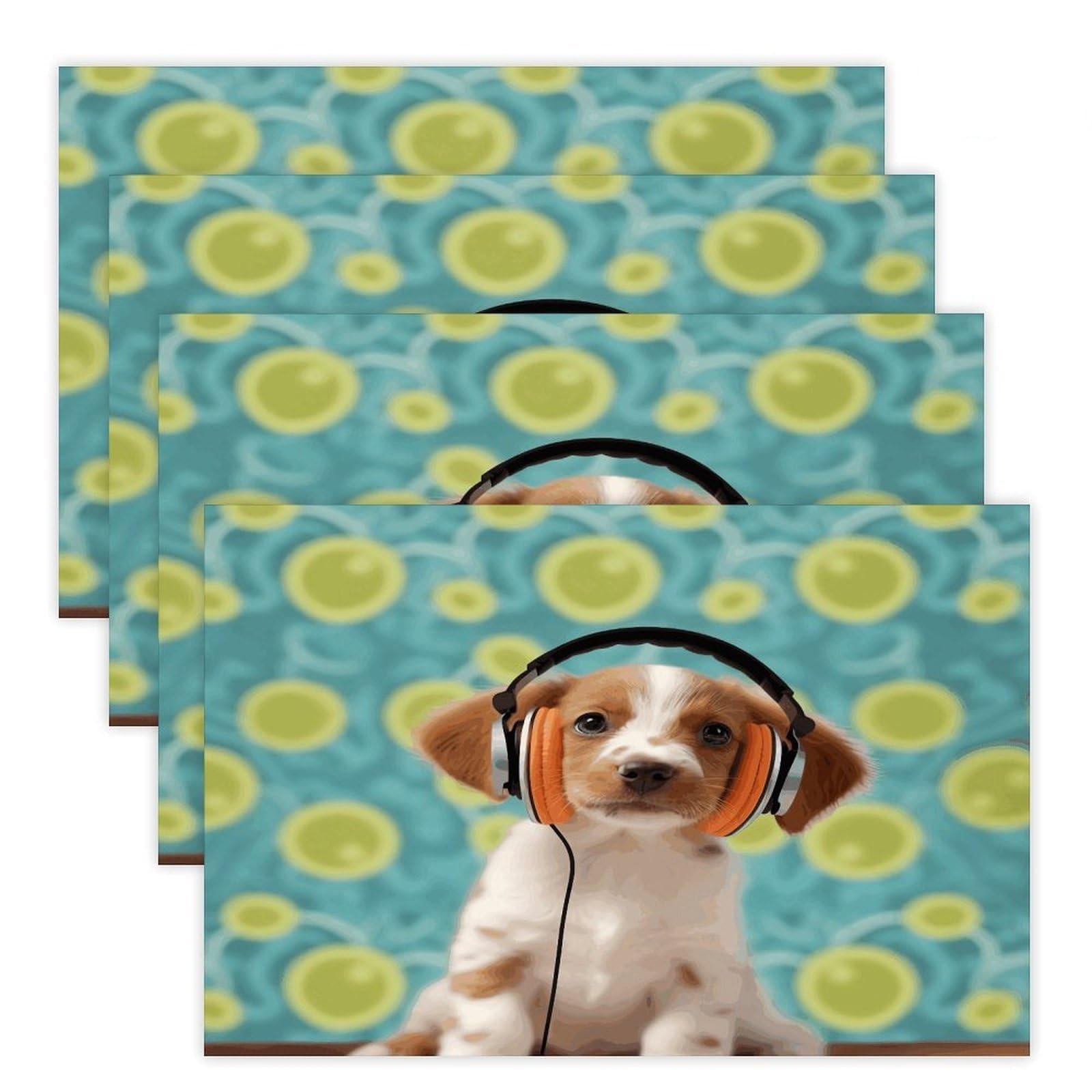 Puppy with Headphones Placemats Heat-Resistant Washable Place Mats Anti Slip Dining Table Place Mats Wipeable Dining Table Mats Kitchen Decoration Placemats 17.7’’×11.8’’
