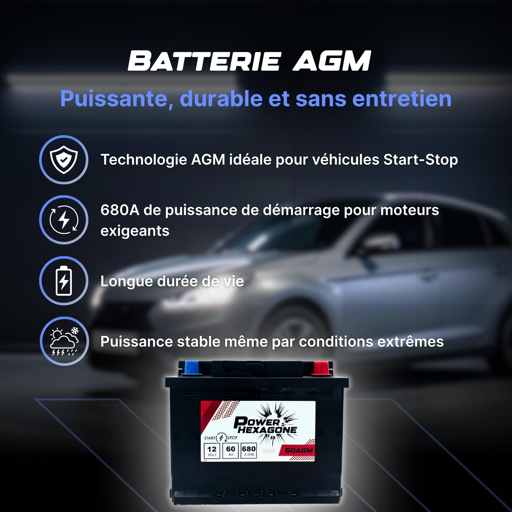 Batterie voiture 12V 60Ah AGM Start & Stop - 540A au démarrage - Batterie auto sans entretien - Format compact pour véhicules modernes - Remplacement origine - Power Hexagone