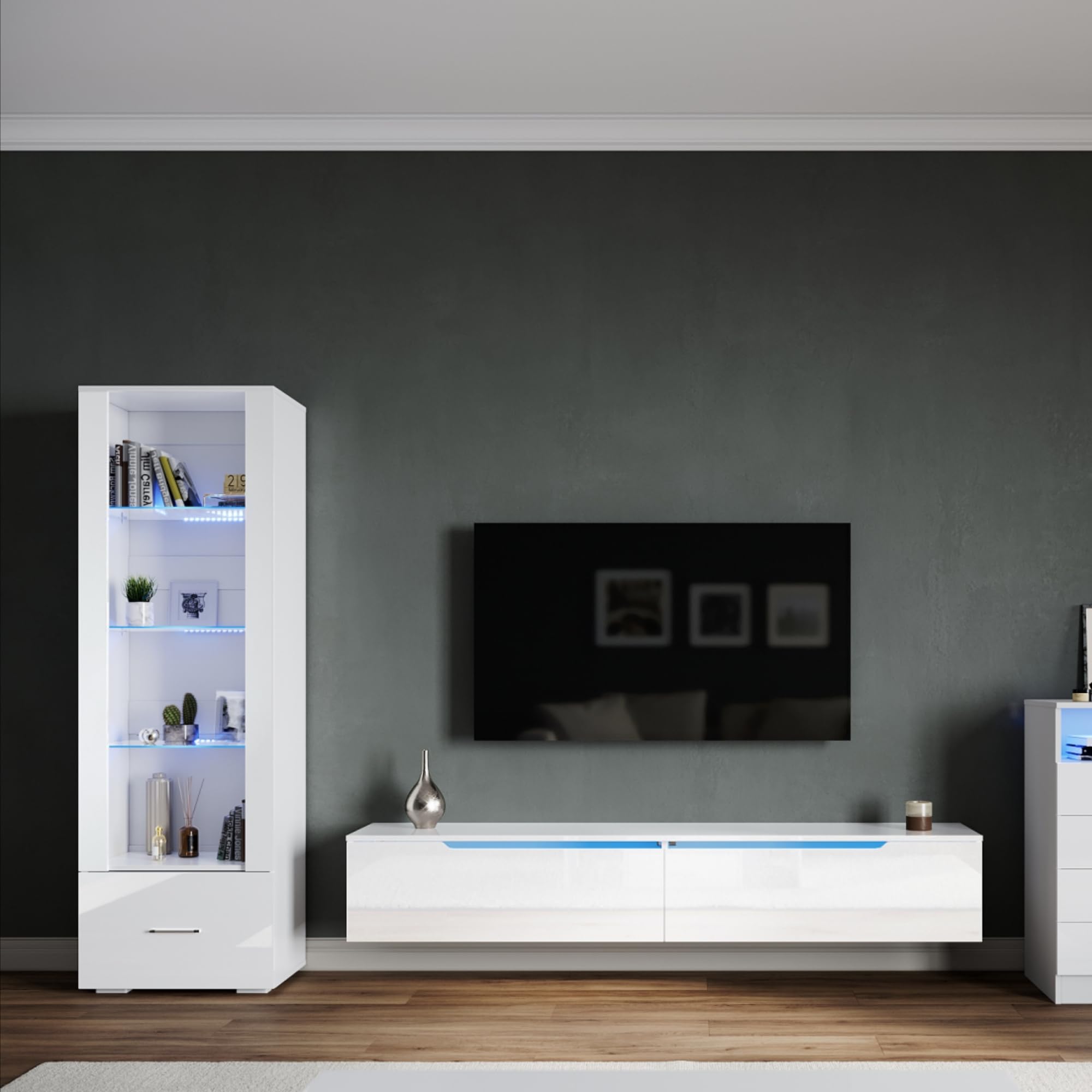 Meuble TV suspendu blanc brillant avec vitrine LED SONNI