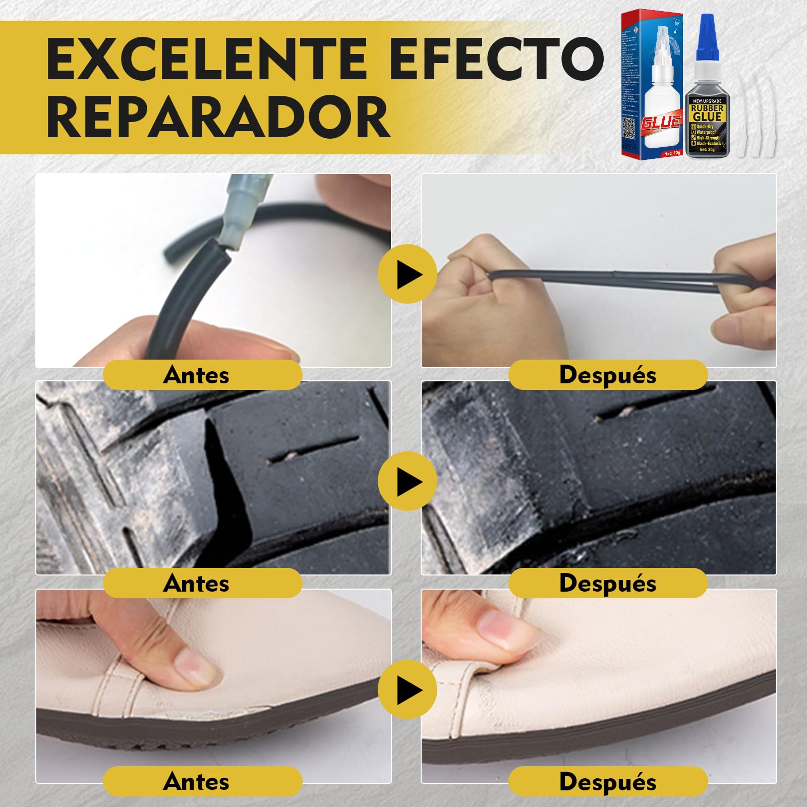 Pegamento Goma extrafuerte e impermeable, Pegamento Zapatos, 30 g, de secado rápido, para plástico, impermeable, para zapatos, productos de caucho y neumáticos. Incluye 3 goteros