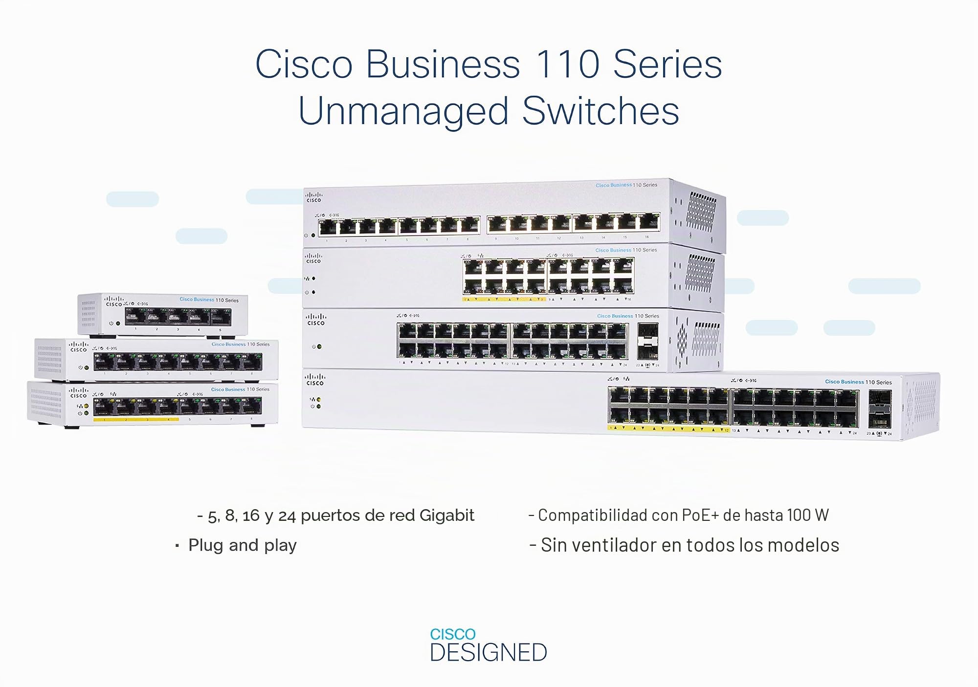 Cisco Switch no gestionado Cisco Business CBS110-8PP-D | 8 Puertos GE | PoE Parcial | Escritorio | Proveedor de alimentación Externa | Protección Limitada de por Vida (CBS110-8PP-D)