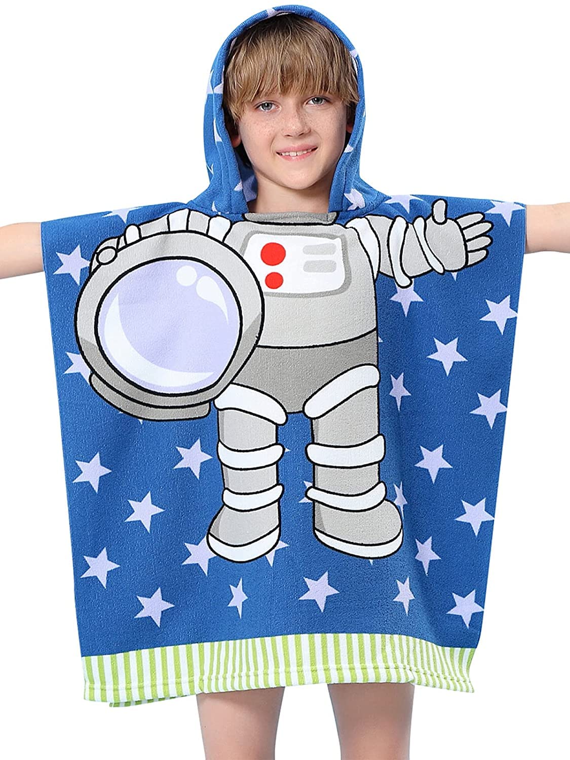 W2S Printed Hooded Poncho Bath Towels for Kids. Soft Absorbing Cartoon Printed Towels Full Size. 0-6 yrs, Size: 60x120 cm. (Astronaut)