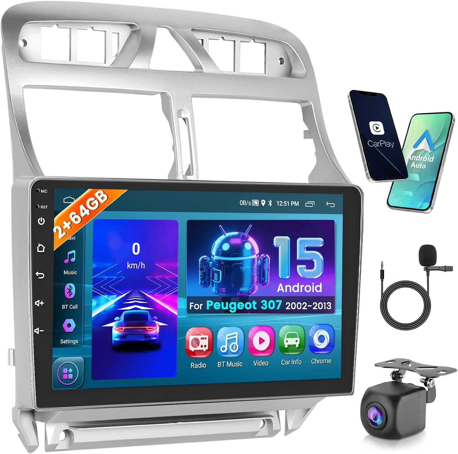 2 GB + 64 GB Android 13 radio samochodowe do Peugeot 307 2002-2013, bezprzewodowe, CarPlay, Android, Bluetooth, 9\