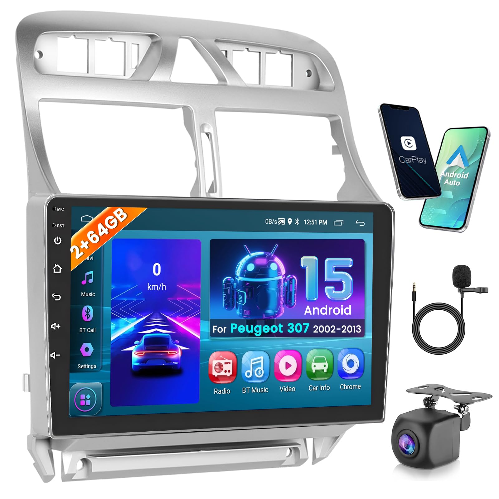 Hikity 2+64GB Android 15 Autoradio Carplay Android Auto sans Fil pour Peugeot 307 2002-2013 Radio Poste Radio Voiture Écran Tactile 9 Pouces Bluetooth Stéréo WiFi GPS FM RDS EQ+ Caméra de Recula
