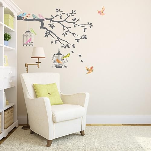 Miniatura 7 de DECOWALL DW-1510 Calcomanías de pared para niños, diseño de pájaros en rama de árbol con jaulas de pájaros, calcomanías de pared extraíbles para