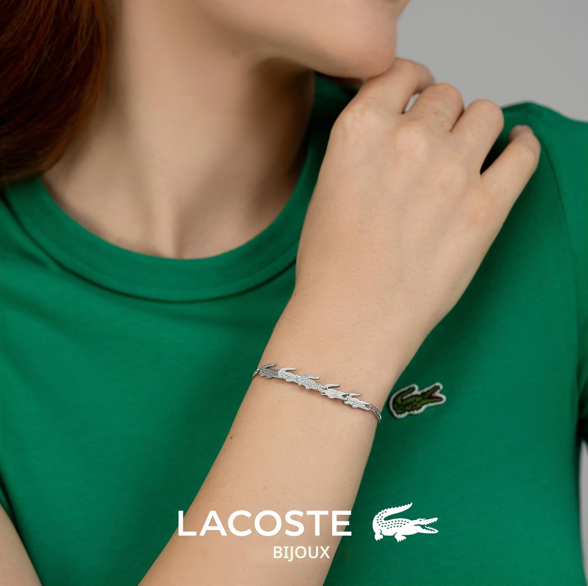 Lacoste Bracelet en chaîne pour Femme Collection CROCODILE disponible en version argentée, dorée ou or rose clair