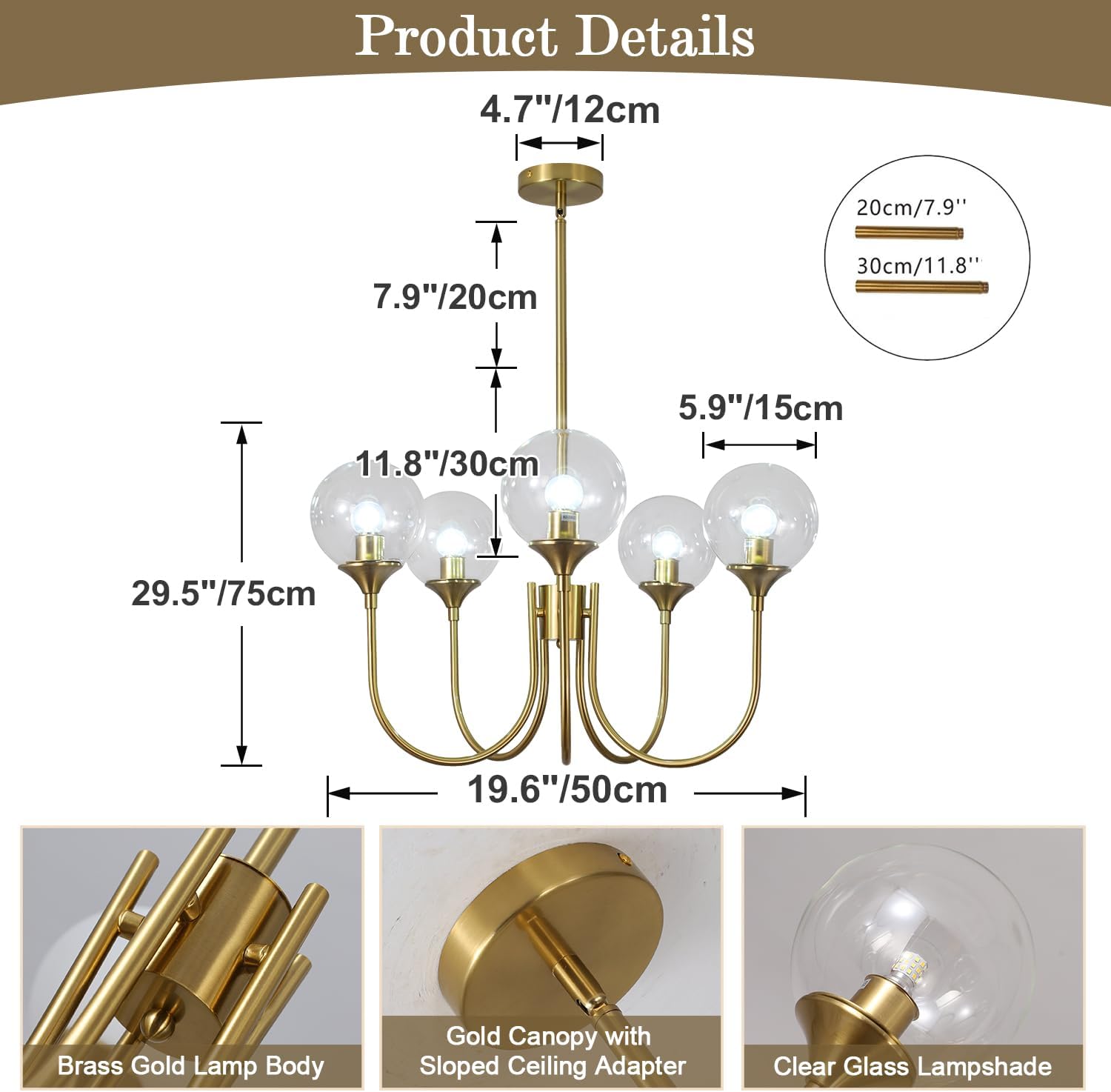 BOKT Modern Chandelier Brushed Brass Mid Century Gold Pendant Ceiling Light Fixture 5-Lights Clear Glass Globe Chandelier Adjustable Height for Stairway, Dining Table, Kitchen Island, Living Room…