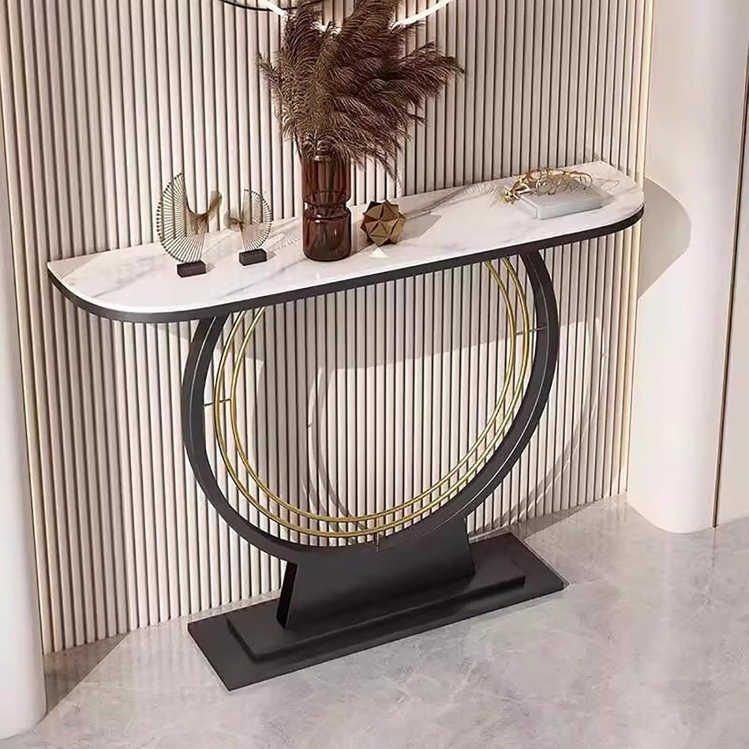 Console Sofa Table with Rock Panel, Contemporary Accent Table with Metal Frame for Hallway Foyer Entrance Entryway(White,100x30x80cm)