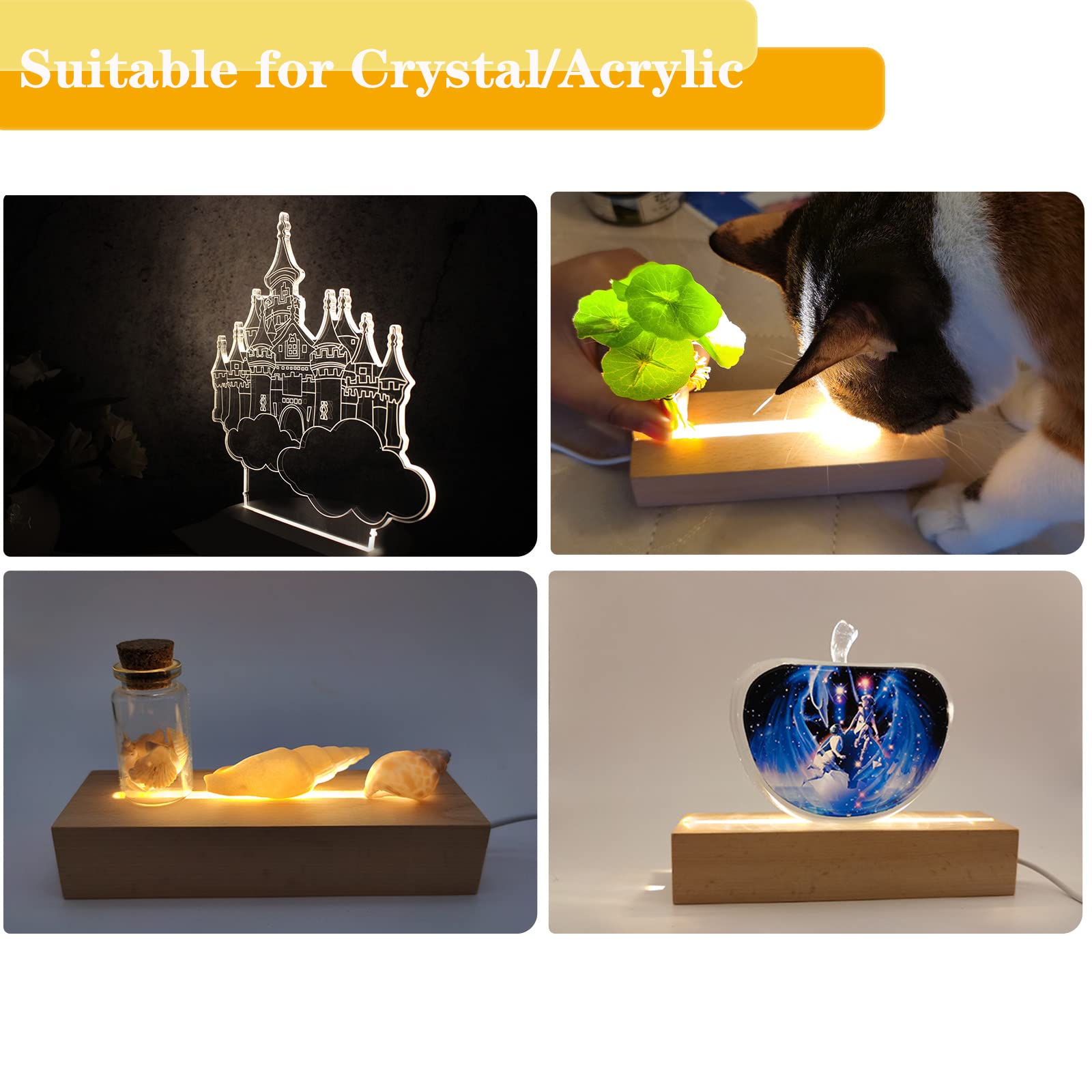 QENETY Piedistallo rettangolare da 15,2 cm, base in legno per luce a LED, base per esposizione di luci a LED rettangolari in legno, per piedistallo in cristallo, vetro acrilico, resina (2 colori