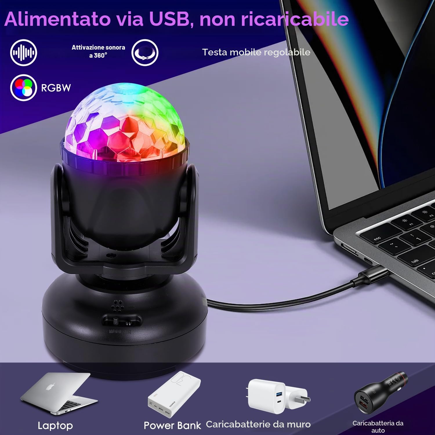 Luce Discoteca, Gomifie Luci Discoteca a Ritmo di Musica Rotazione Automatica e Regolabile Manuale, 12 Colori RGBW Palla da Discoteca con 12 Modalità di Illuminazione per DJ, Natale, Bar e Festa