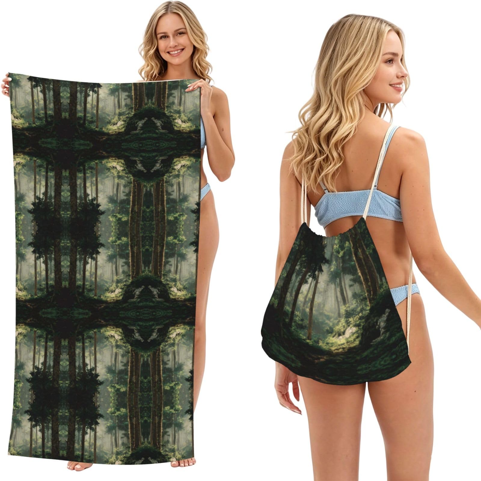 EZDLOWVBA Forest Print Beach Towel Backpack 2 In 1 Summer Large Lightweight Beach Towel - Multifunctional Ship Pattern Towel Bag For Storage,Sport