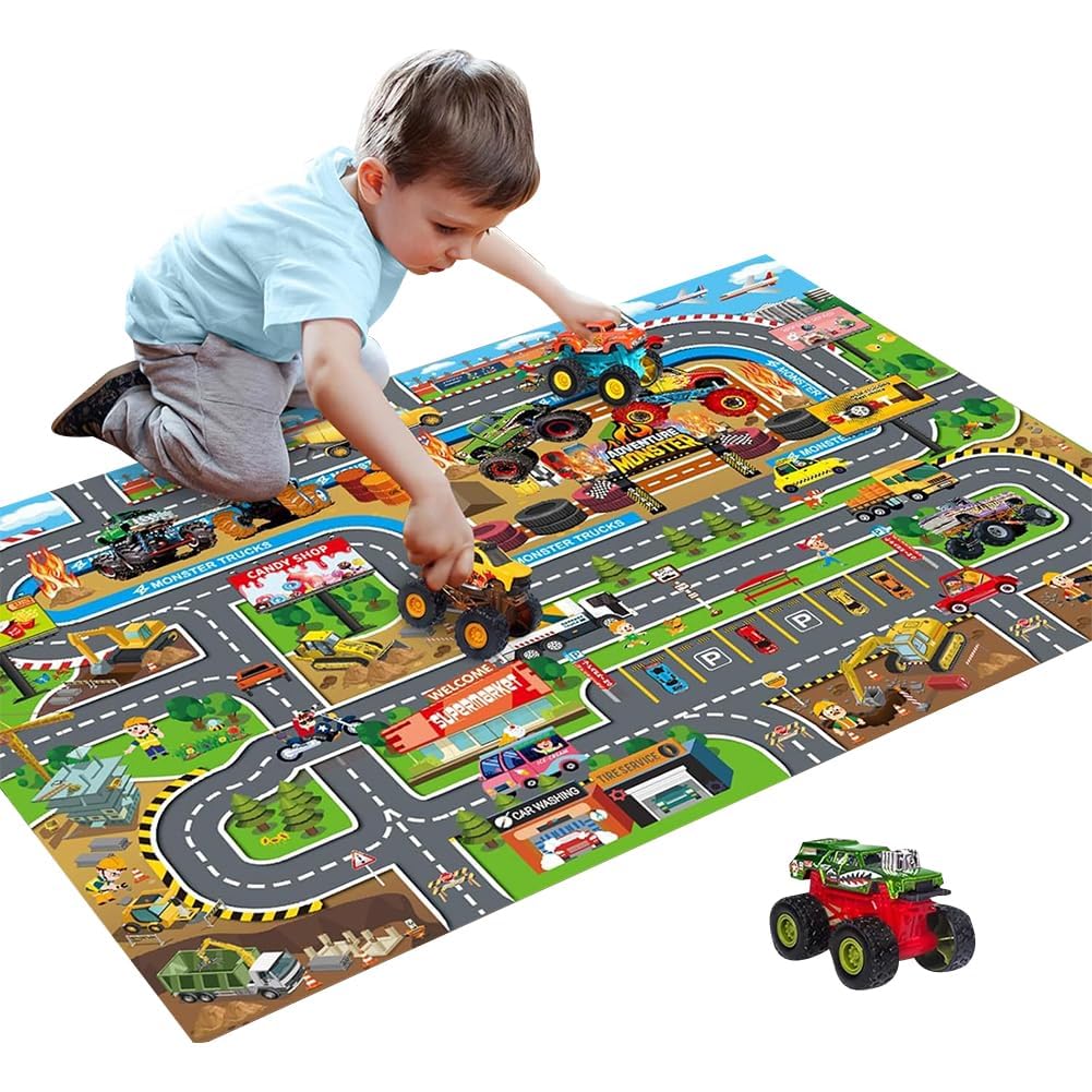 MIFKLMV Kids Play Mat with Car Tracks, Kids Rugs for Playroom, Carpet Playmat Rug, Durable Playrooms Toy Mat for Childrens, Non-Slip Traffic Road Carpets, for Outdoor, Playroom, Bedroom, Livingroom-D