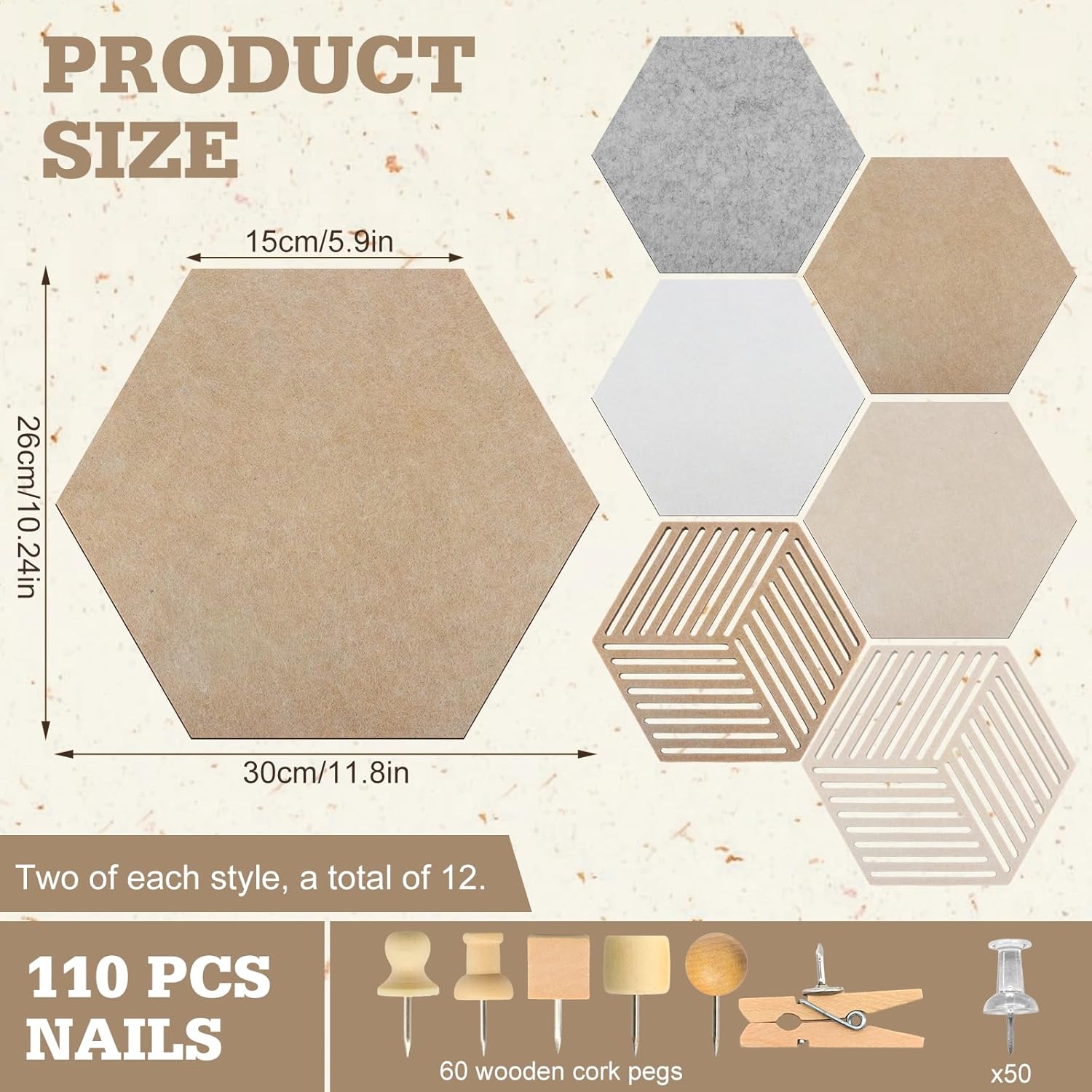 Hexagon Cork Board 12pcs with 110 Push Pins,Bulletin Board Decorative for Tiles Walls Office Room Decor Felt Vision CorkBoards for Home Pictures Photos Notes 12'' Hex
