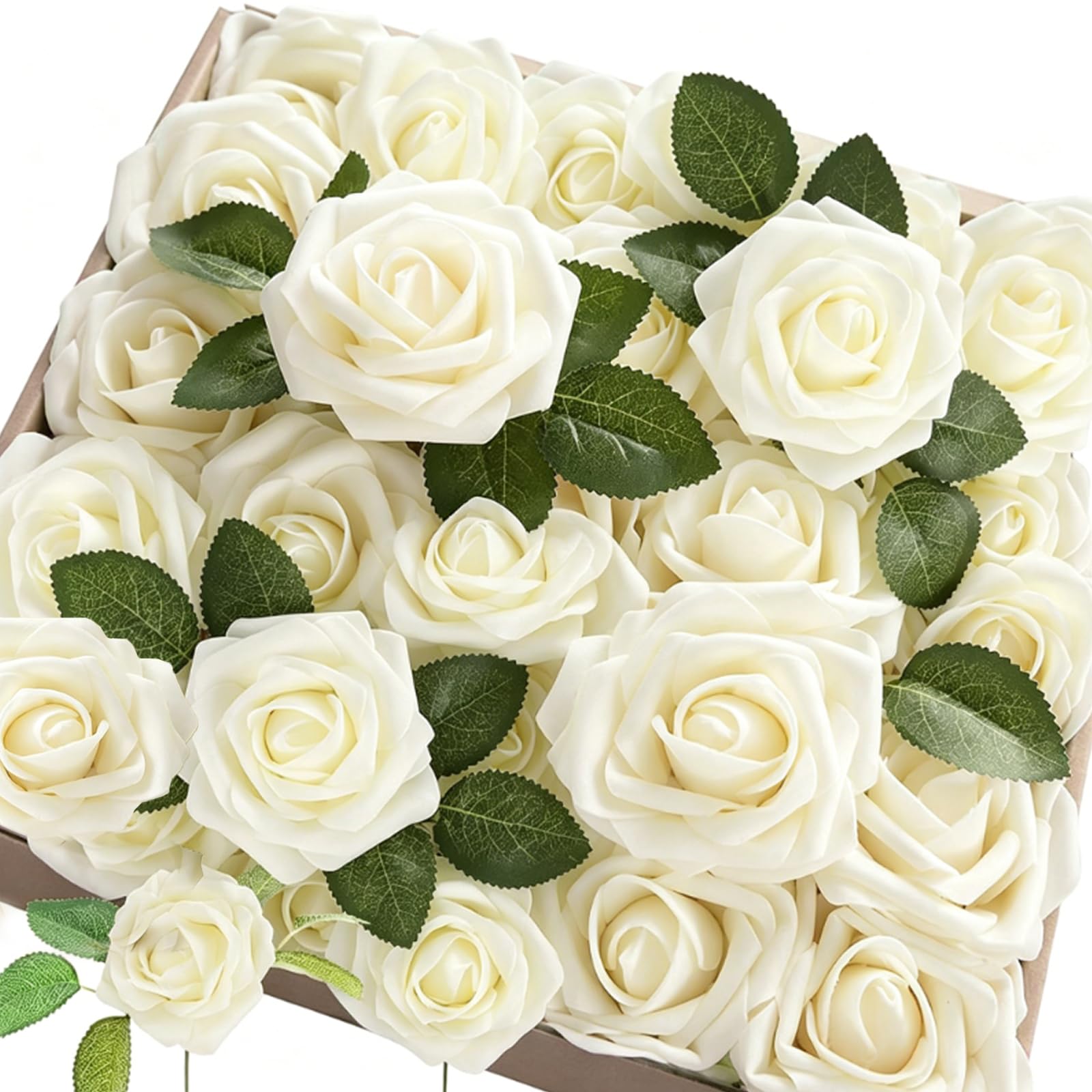 Ferizzia 25 Stück Weiße Künstliche Rosen, Kunstrosen Seidenblumen