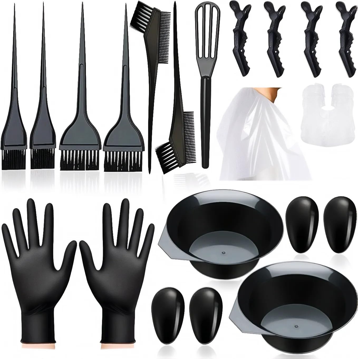 NOUSV 20 Pcs Hair Dye Brush and Bowl Set, DIY Salon Kit with Large Bowl, Gloves, Ear Caps, Hair Clips, Comb, Modern Style, Black, 2000 ml Capacity
