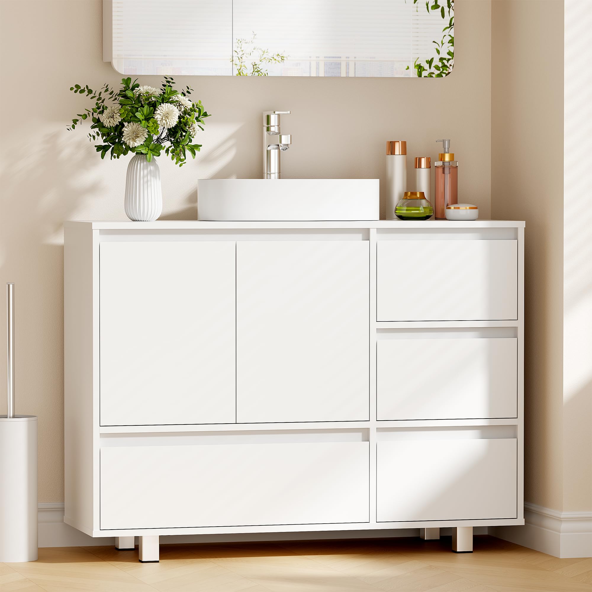 ANWBROAD Mueble Bajo Lavabo, 4 Cajones, 2 Puertas, Armario de Baño con Patas, Moderno,90 x 30 x 64,5 cm, Blanco SSC002W