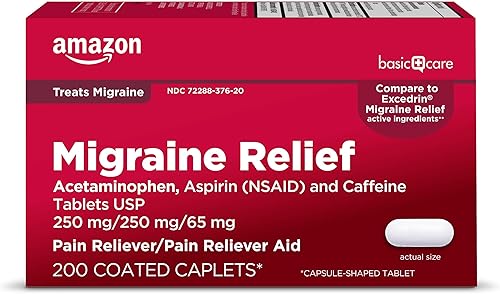 Amazon Basic Care Alivio de la migraña, acetaminofén, aspirina (AINE) y tabletas de cafeína, analgésico para el dolor de cabeza/alivio del dolor, 200 unidades