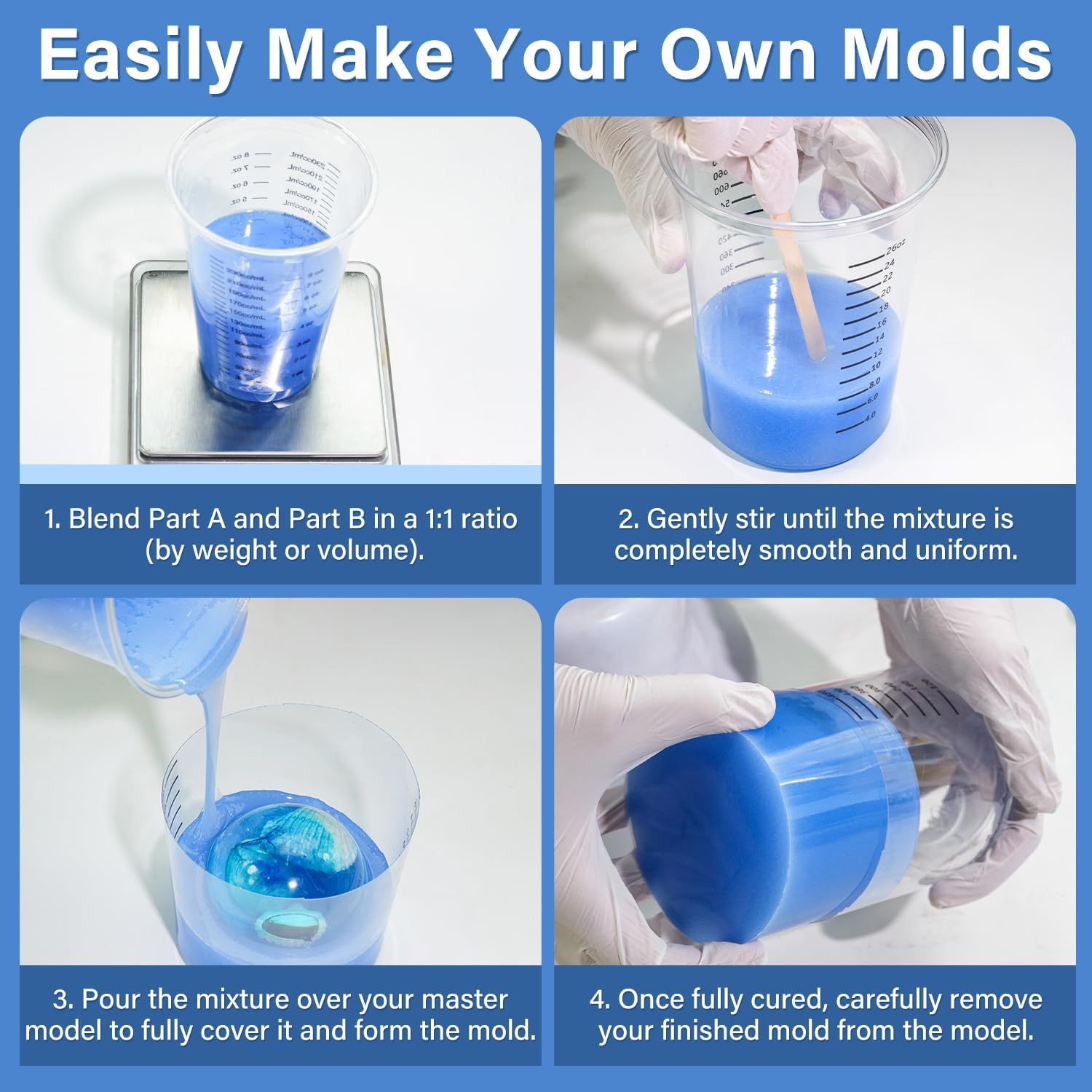 Silicone Mold Making Kit 15A,66OZ Liquid Silicone for Mold Making -Platinum Cure High Strength Rubber,1:1 by Volume,Bubble Free Molding Silicone for Resin,Wax,Concrete,Soap Casting -Blue