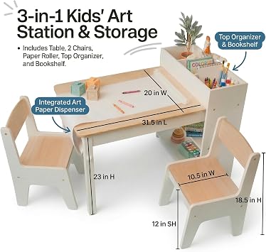 Art Table for Kids - 3 in 1 Kids Table and Chairs Set (2 Chairs Included), White Wooden Craft Table for Kids with Bookshelf and Paper Roller, Arts & Crafts Activity Table - Kids Art Table by Cal & Rye