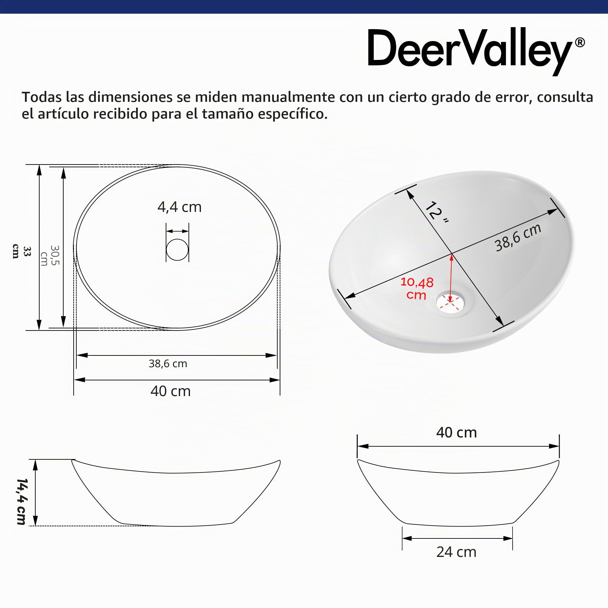 DeerValley Cuenco de lavabo ovalado de cerámica blanca, moderno y lujoso, fácil de instalar y limpiar, ideal para baños pequeños, 400x330mm.