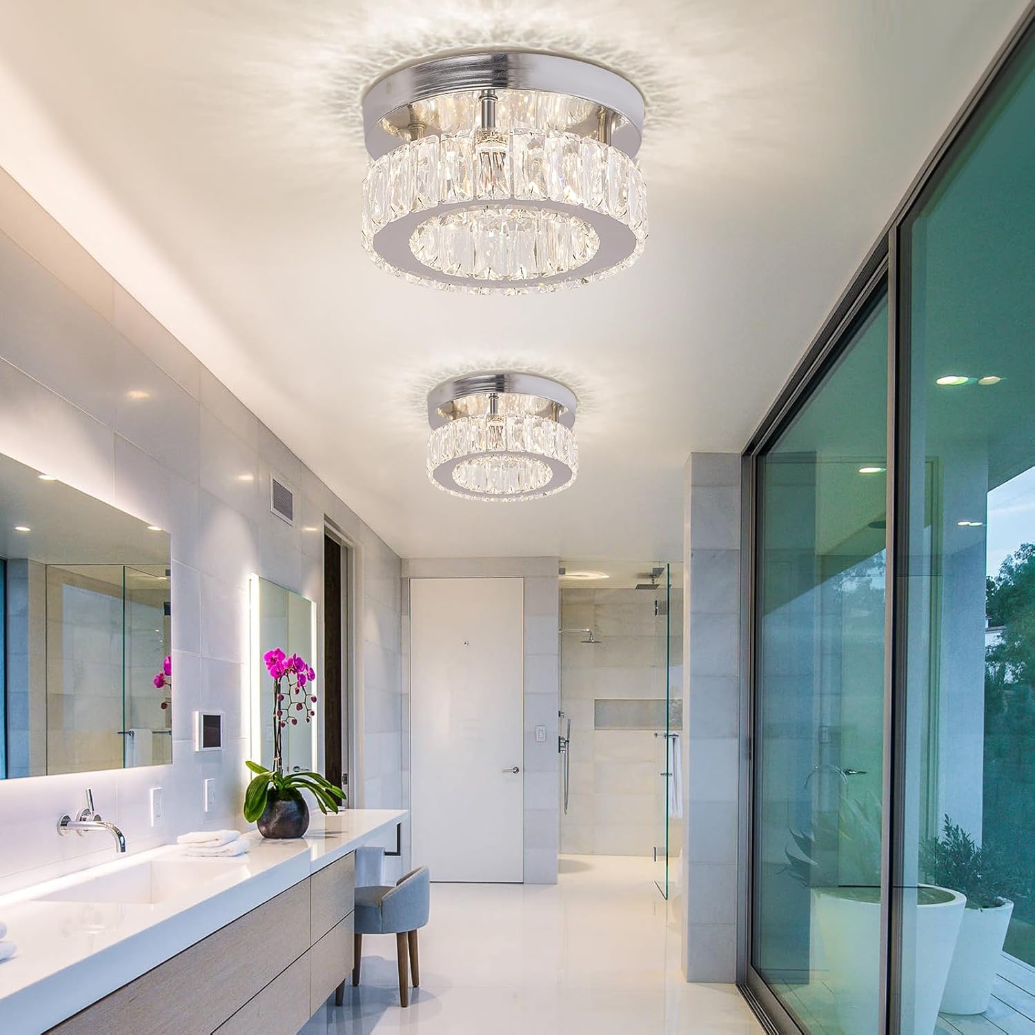 Dimmable Crystal Chandelier Small Flush Mount Ceiling Light Fixture Modern LED Crystal Ceiling Light for Dining Room Bedroom Living Room Hallway…