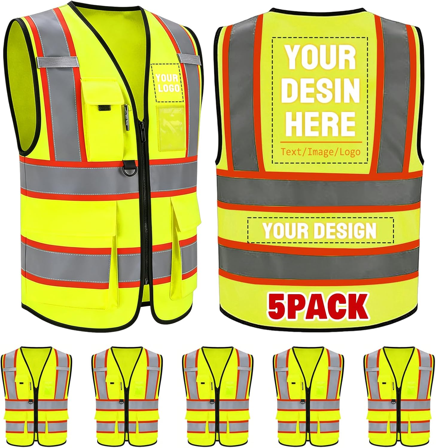 Custom Safety Vest with Logo, Hi-Vis Reflective Work Vest with Pockets, Personalized High Visibility Vest