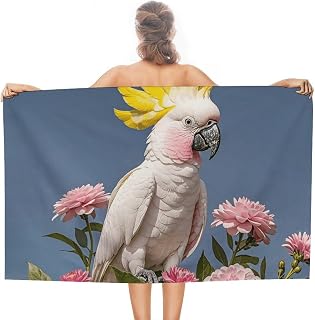 Beautiful Cockatoo Bird Flower Oversized Beach Towel Set 31x 51 in | Large Big Pool Camping Swim Soft Towels Travel Essentials Accessories Must Haves Vacation Necessities Adult Gifts