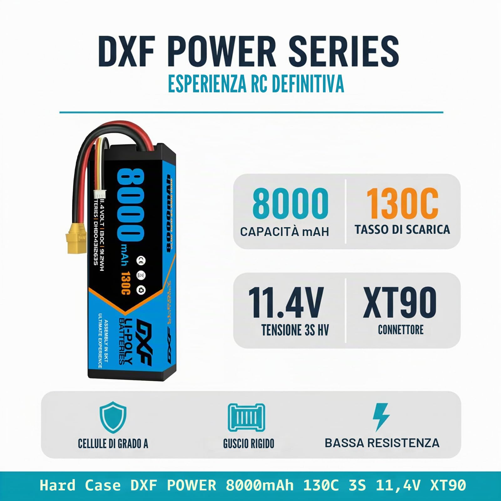 DXF 3S HV LiPo Batteria 11,4 V 8000 mAh 130 C Confezione da 2 batterie con spina XT90 per 1:8 1:10 RC Auto Truck Buggy Veicoli Racing Offroad Modellismo ad alte prestazioni senza spazzole