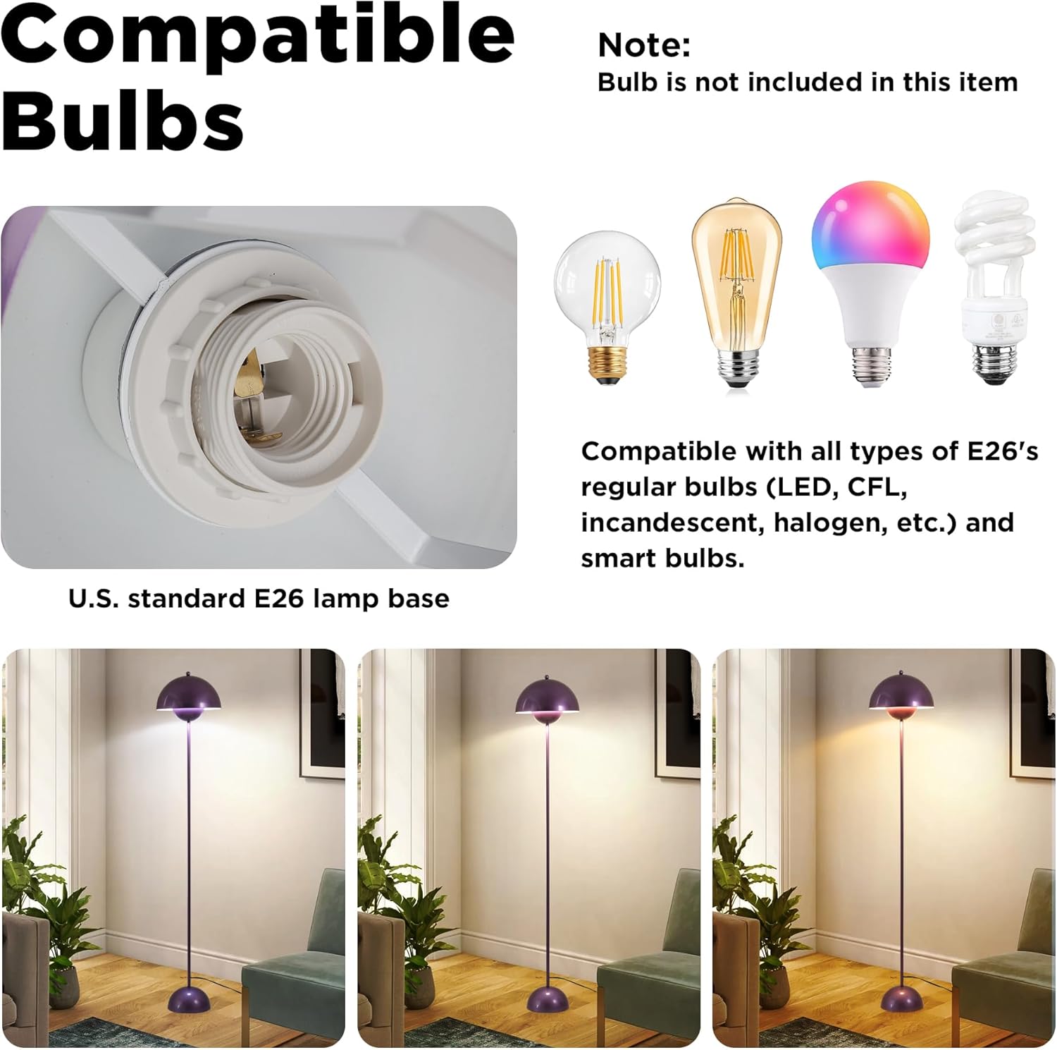 SUNLLOK Flower Pot Floor Lamp for Living Room, Metal Dome Lampshade Standing Floor Lamp with Foot Switch, Modern Reading Floor Light Fixture for Kitchen Island, Bedroom, Restaurant (Purple)